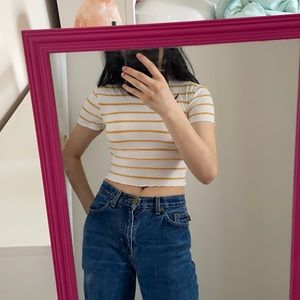 Striped mockneck lettuce edge crop top